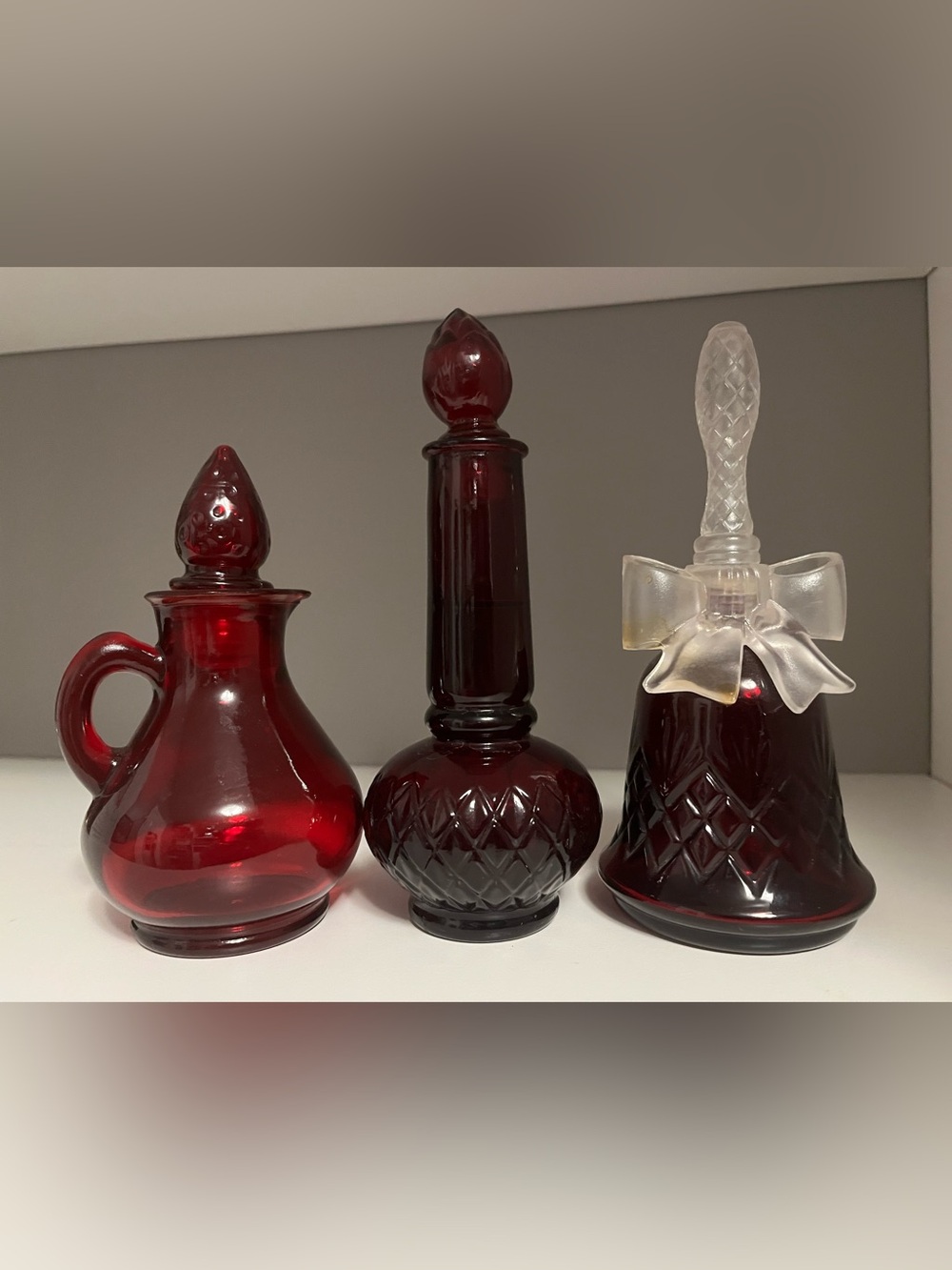 Avon Vintage 70s-  3pc Ruby Red Glass Decorative Decanter Perfume Bottle Set